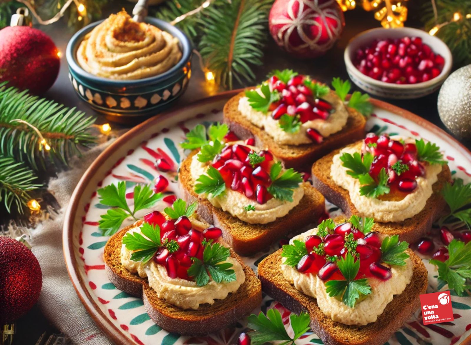 Tartine di Pane Integrale con Hummus di Ceci e Melograno antipasti natalizi light e FIT, idee, ricette e abbinamenti per dicembre C'ena una volta