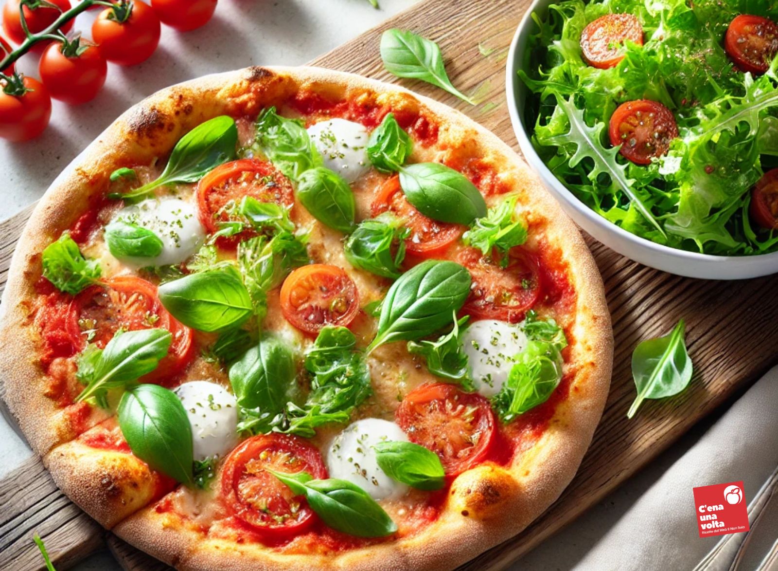 pizza Margherita accompagnata da un'insalata verde pizza a dieta, abbinamenti, ricette e consigli c'ena una volta