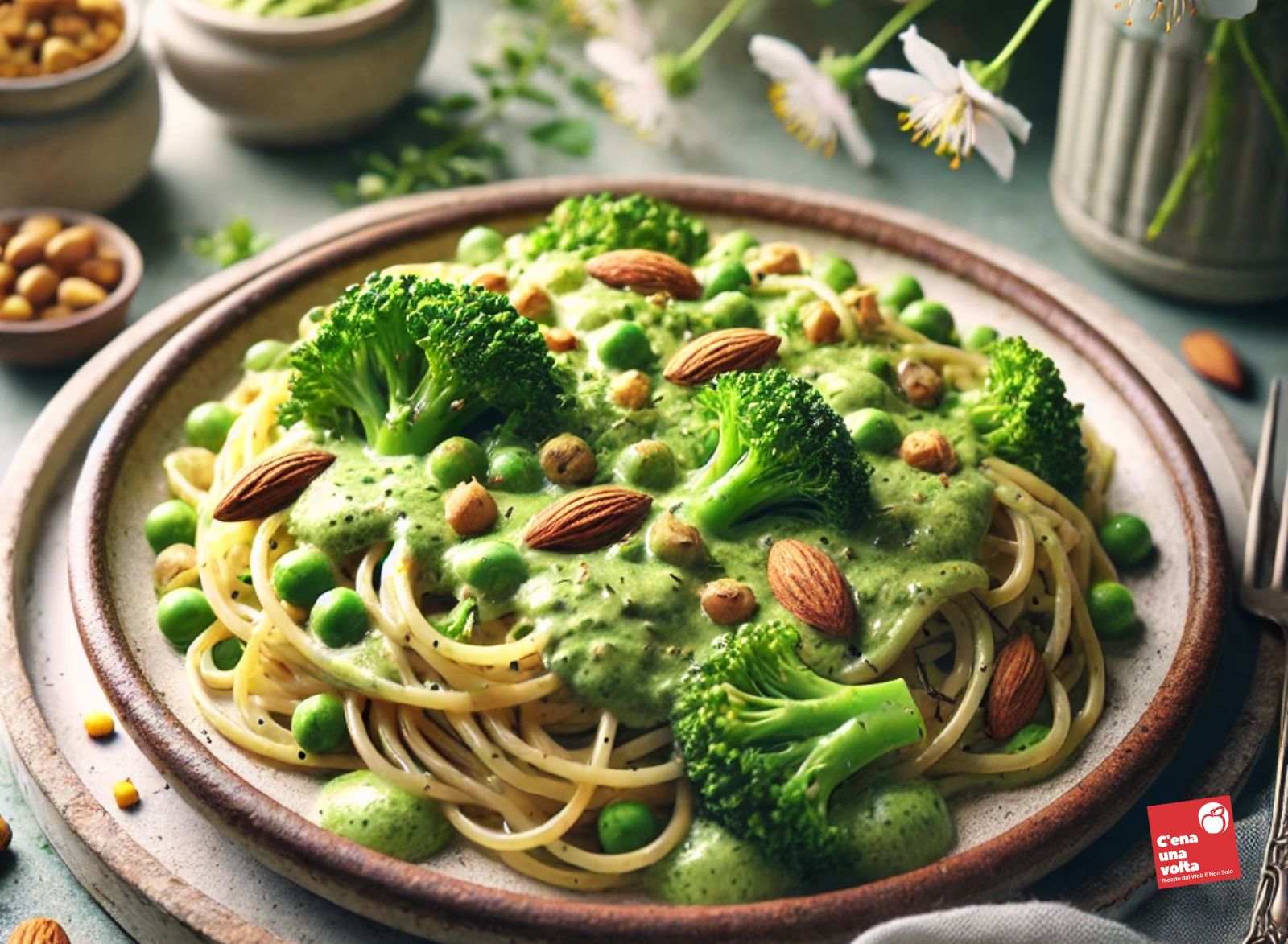 spaghetti di legumi con crema di broccoli e mandorle primi piatti di marzo, idee, ricette light e fit, abbinamenti e menu primaverile c'ena una volta