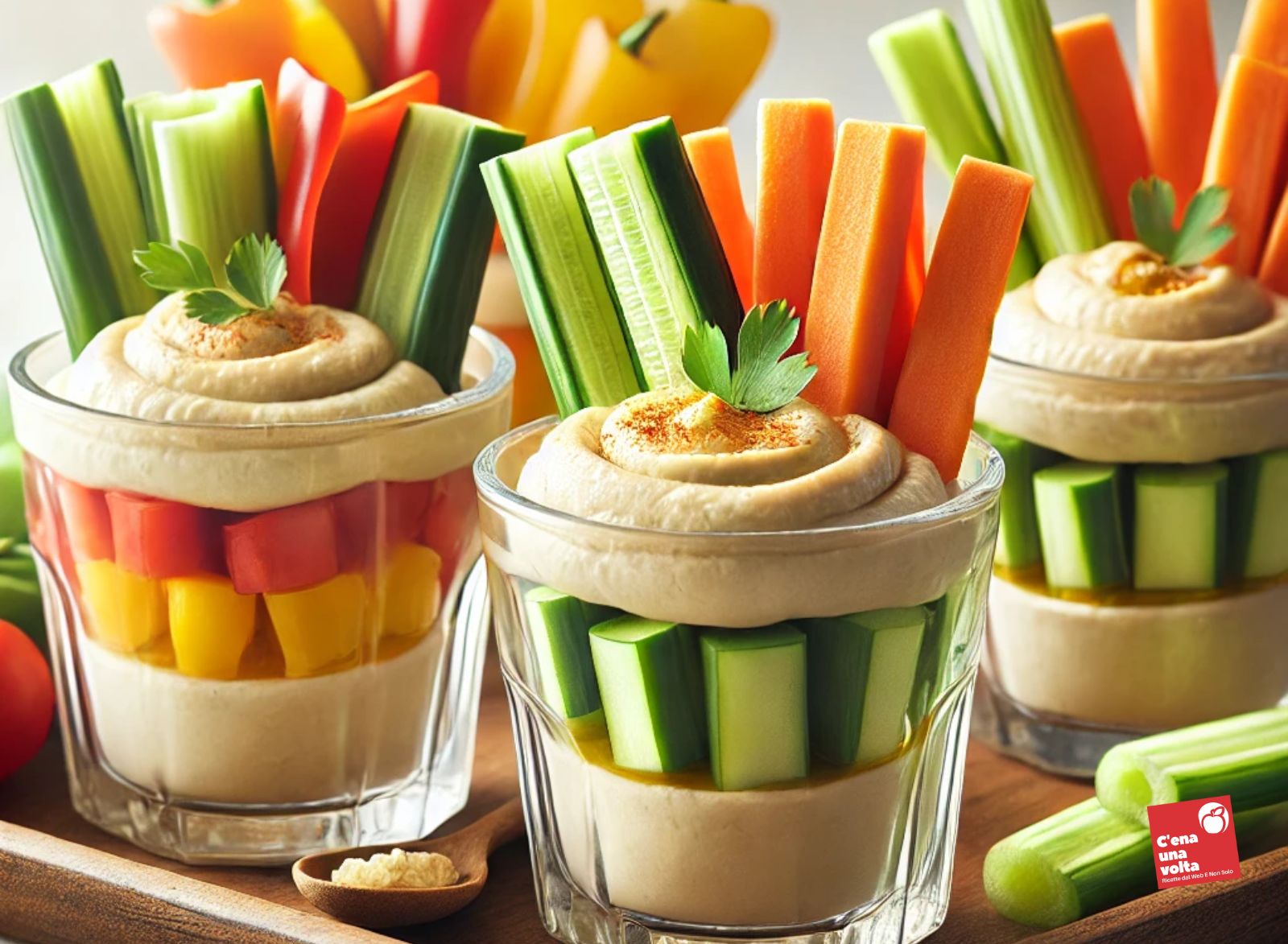 Bicchierini di hummus e crudité aperitivi a dieta, ricette light, fit, keto, low carb, abbinamenti e consigli c'ena una volta