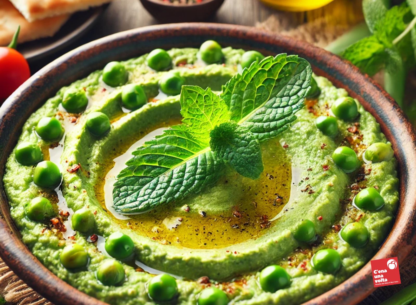 Hummus di piselli freschi e menta antipasti di maggio, ricette cheto, low carb, FIT, light e dietetiche, abbinamenti sani, c'ena una volta