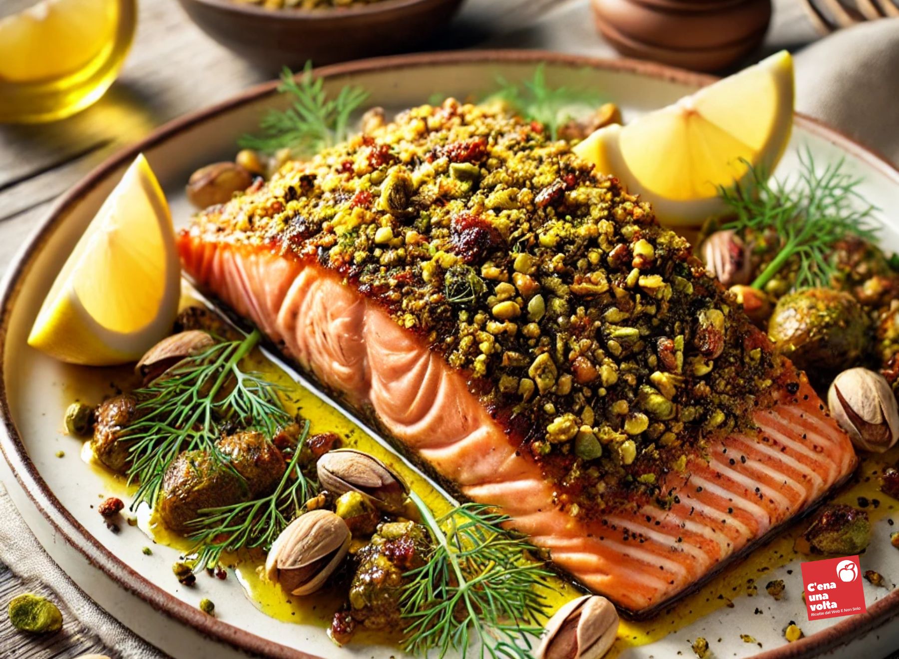 Salmone al forno con crosta di senape e pistacchi ricette light in forno, idee sane e dietetiche, abbinamenti e consigli c'ena una volta